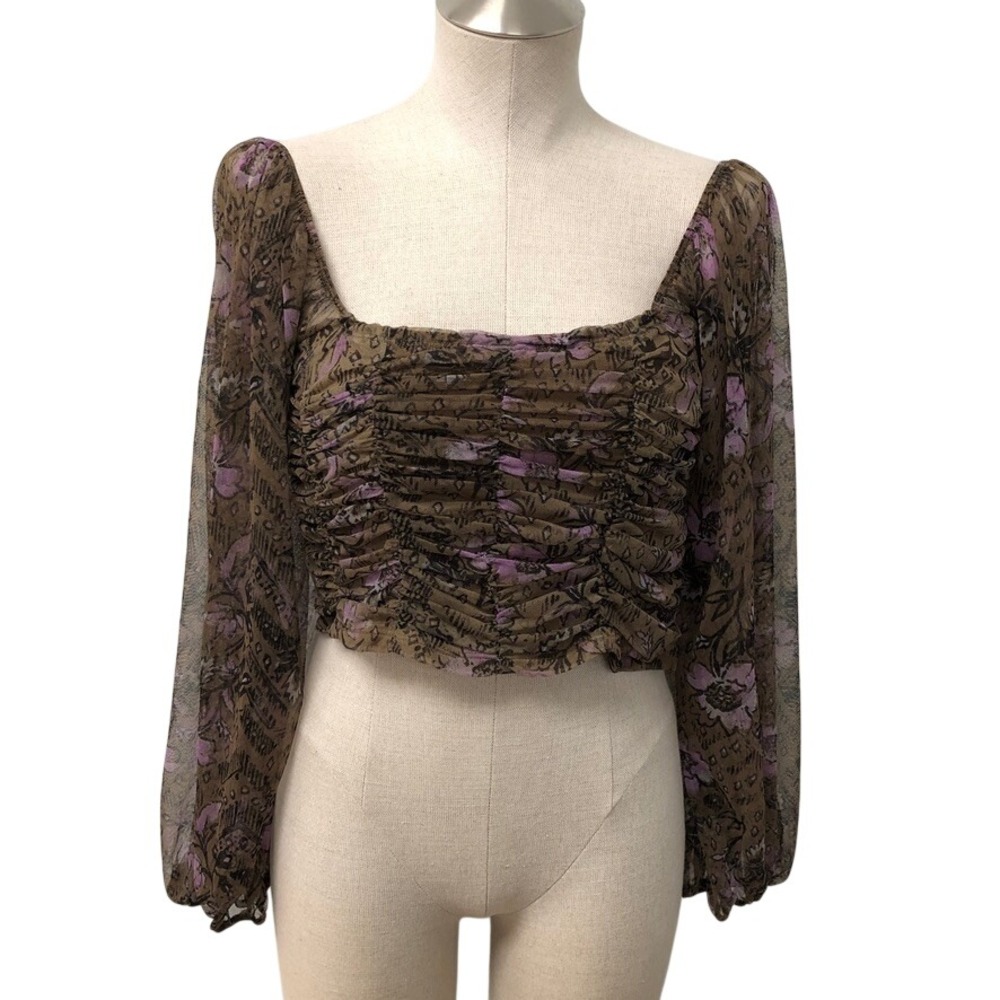 Free People Lilia Mesh Top Womens XL Olive Purple Floral Long Sleeve